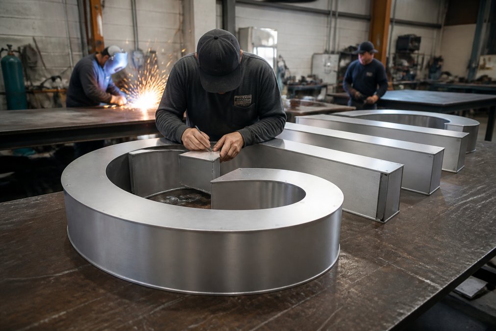 A sign fabrication team working on a large channel letter sign in a well-lit workshop, sparks from welding visible in the background