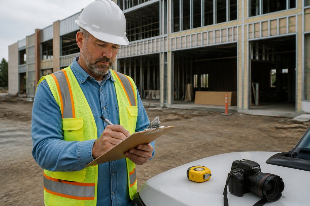 A project manager in a hard hat and safety vest reviewing a clipboard with a site survey checklist while standing in front of a partially constructed commercial building, with a tape measure and camera visible nearby
