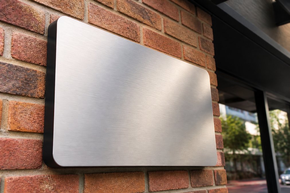 A close-up photograph of a brushed aluminum outdoor business sign mounted on a brick building, showing clean edges and a powder-coated finish reflecting daylight