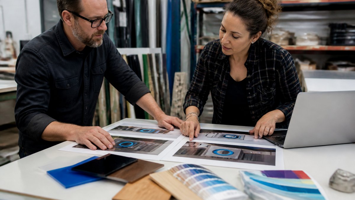 Project manager and fabricator reviewing artwork for custom sign manufacturing during the design approval process