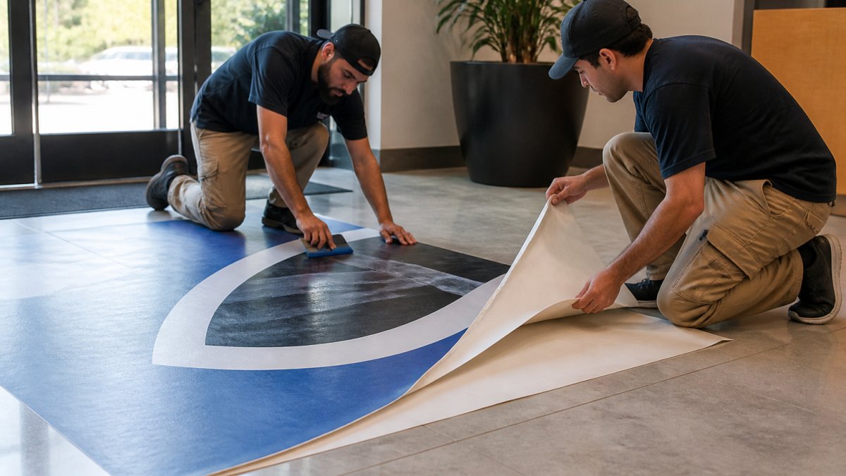 Two installers in work clothes smoothing a large printed floor graphic onto a tiled office lobby floor with a squeegee, one kneeling and peeling back the liner, daytime light through glass doors