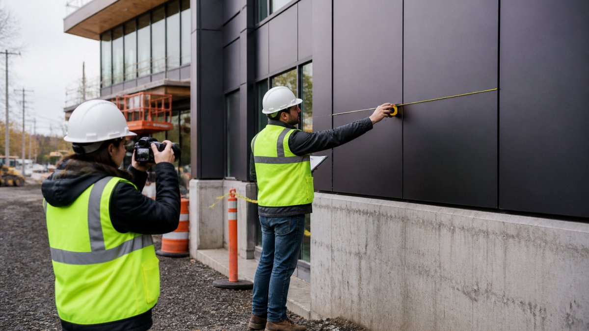Signage partner measuring a building facade with a laser while a teammate photographs the mounting surface.
