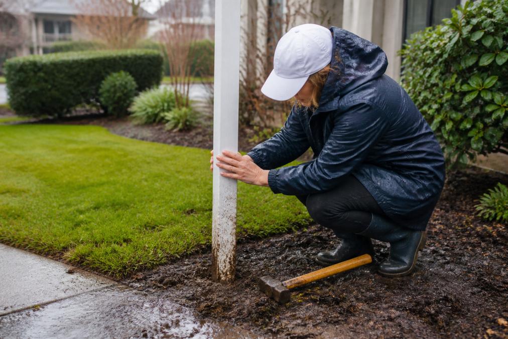 A real estate agent in rain gear kneeling beside a yard sign post, checking the stability of the stake in wet, muddy ground with a hammer nearby