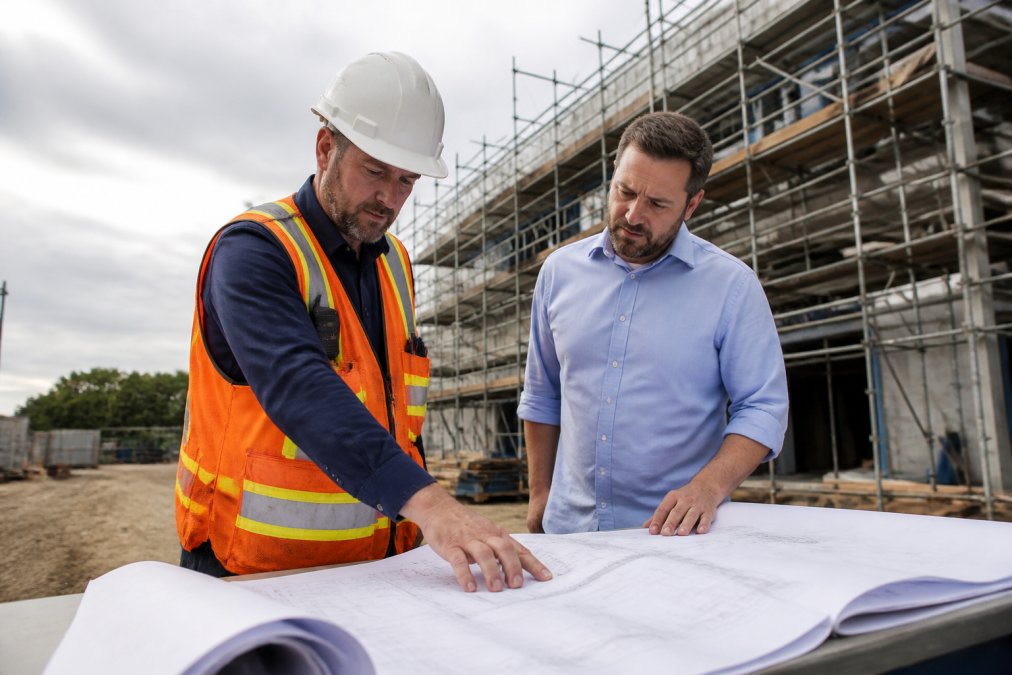 A project manager in a hard hat reviewing large signage plans with a client at a commercial construction site, scaffolding and raw building materials visible in the background, overcast daylight