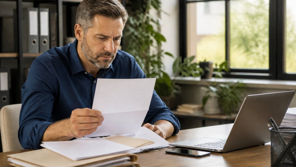 A business owner at a desk reviewing a formal denial letter, with a laptop open to a municipal permit portal and a folder of documents nearby in a bright office