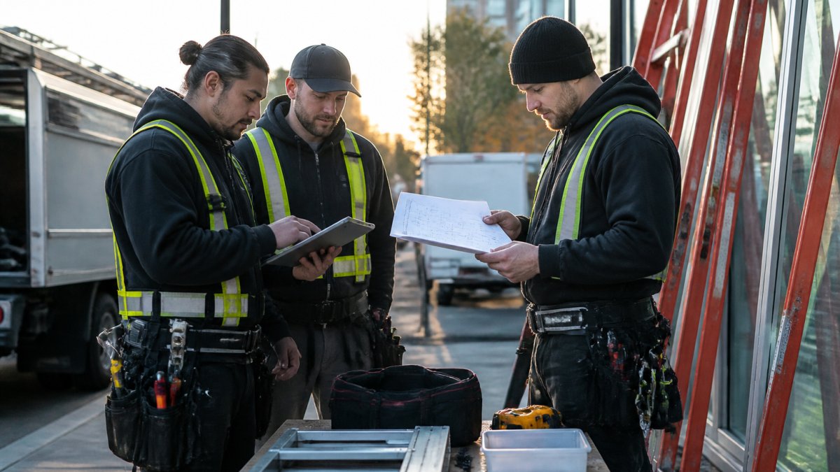 Professional sign installation crew coordinating on a job site with tablets and equipment, reviewing installation plans together in morning sunlight