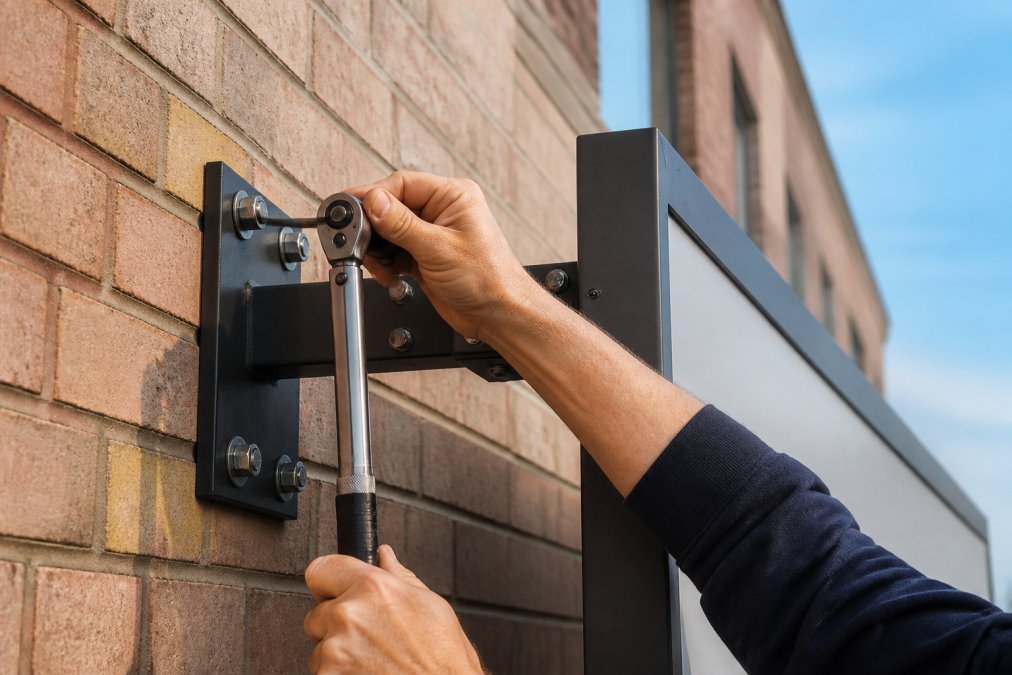 Close-up of a professional installer's hands securing a heavy exterior sign to a brick wall with a heavy-duty bracket and anchor bolts, using a torque wrench in bright daylight