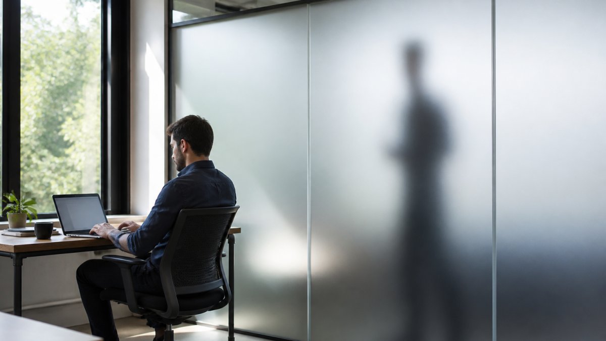 Office worker at a desk behind a glass partition covered in frosted window film with soft daylight shining through