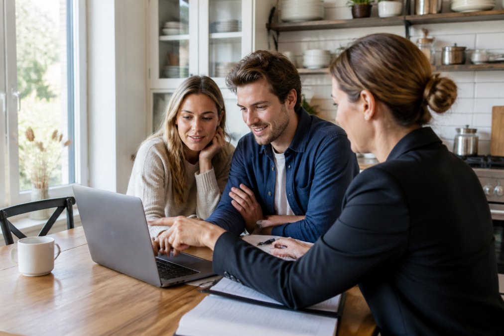 A first-time home buyer couple sitting at a kitchen table with a real estate agent, reviewing paperwork and pointing at a laptop screen showing property listings, warm afternoon light through the window