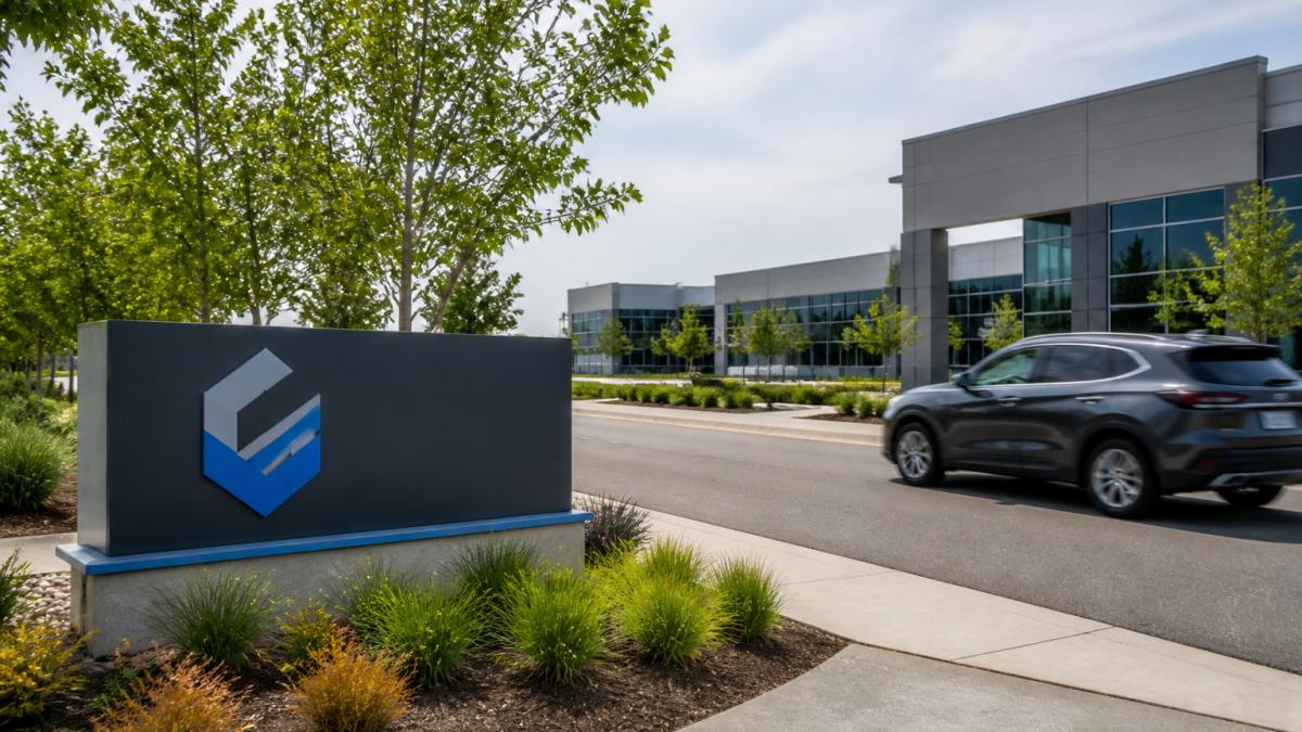 A low-profile monument sign at the entrance of a modern commercial business park, with a car driving past on a sunny day and a clear company logo visible on the sign