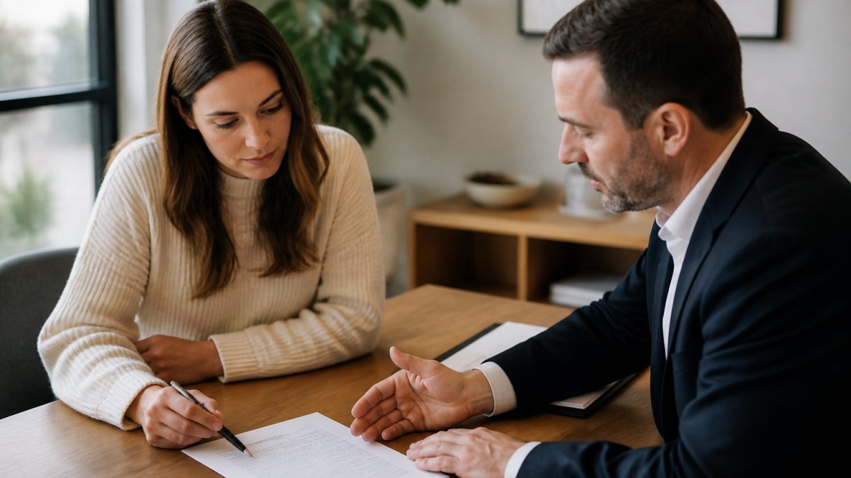 Professional homebuyer sitting at desk across from real estate agent, reviewing written buyer agency agreement documents with pen in hand, natural office lighting