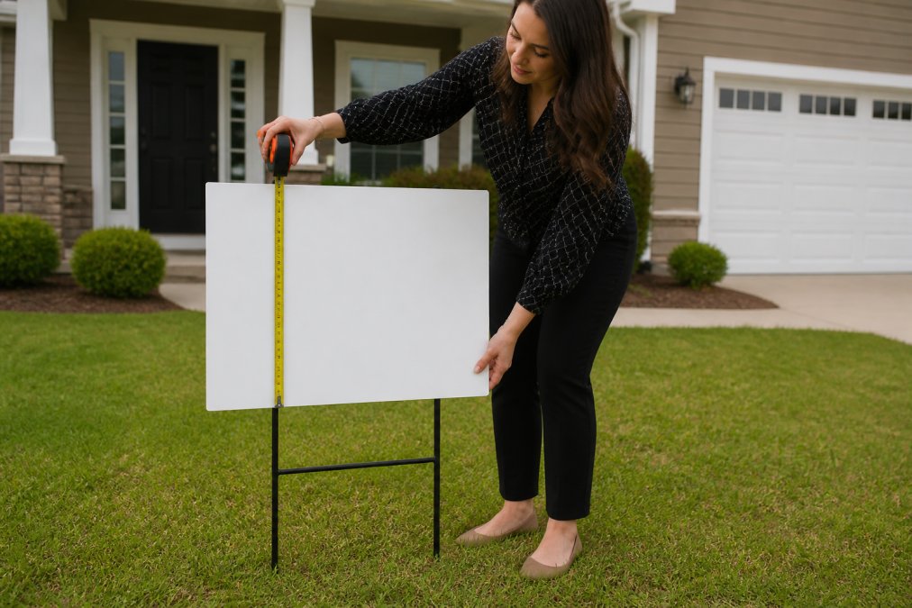 Real estate agent installing a standard 18x24 inch yard sign on a metal H-stake with a measuring tape for scale