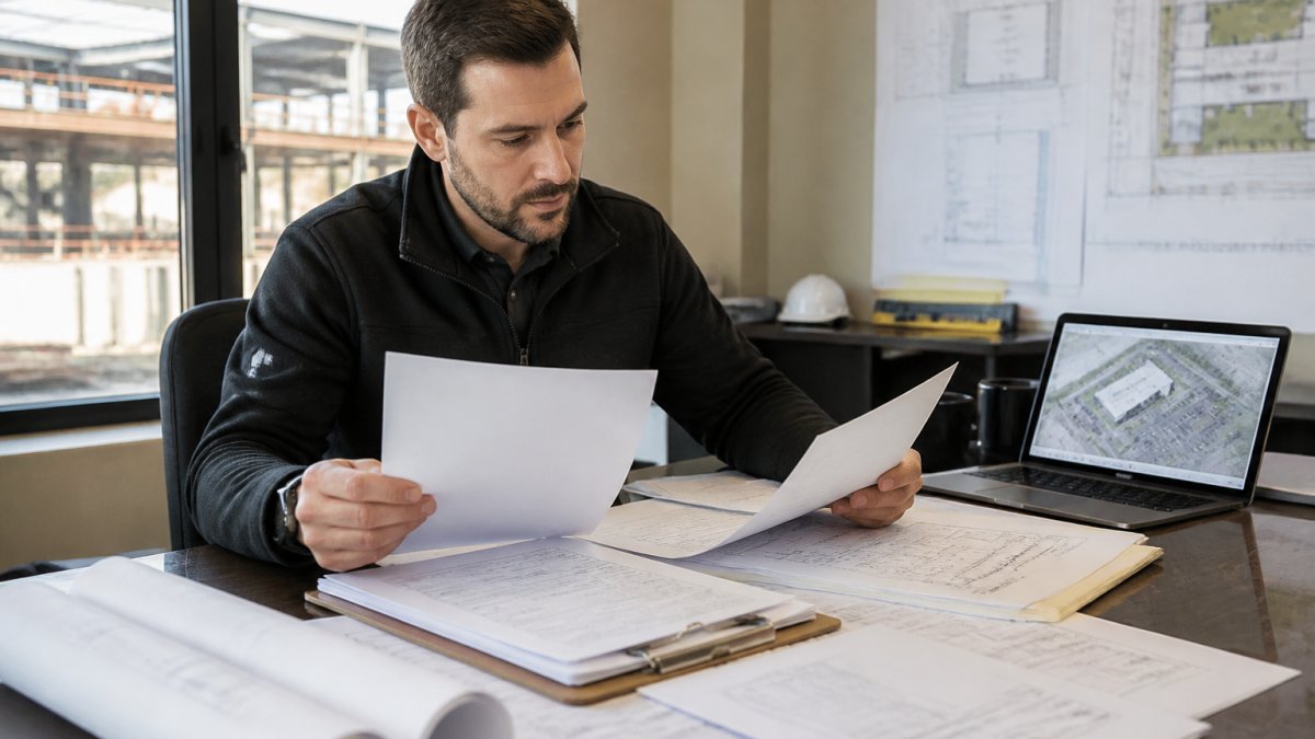 A project manager reviewing sign permit application documents and site plans at a desk in a construction office, with rolled architectural drawings and a laptop showing a site plan nearby