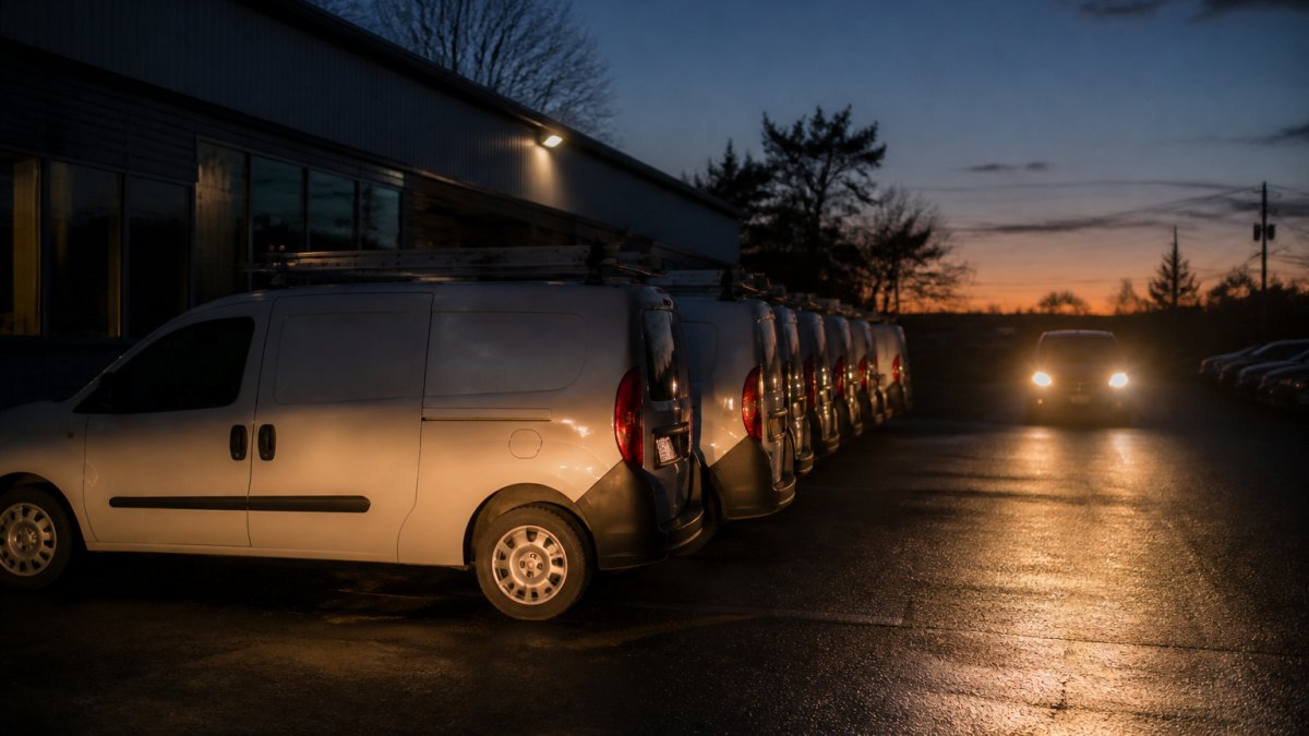 A row of white commercial service vans parked at dusk in a lot, their side graphics catching the light from an approaching vehicle's headlights while the surrounding area is dim