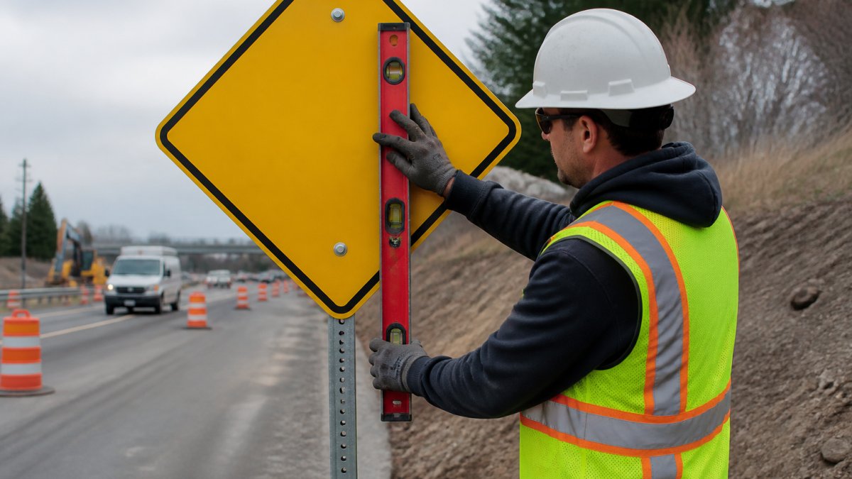 Construction worker securing a reflective warning sign to a galvanized steel post with proper mounting hardware visible, using a level tool to ensure plumb alignment on an active job site