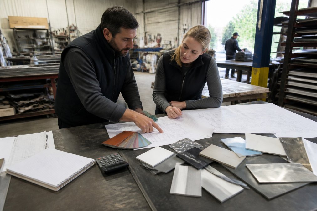 Project manager and fabricator reviewing material samples and cost factors for high quality business signage