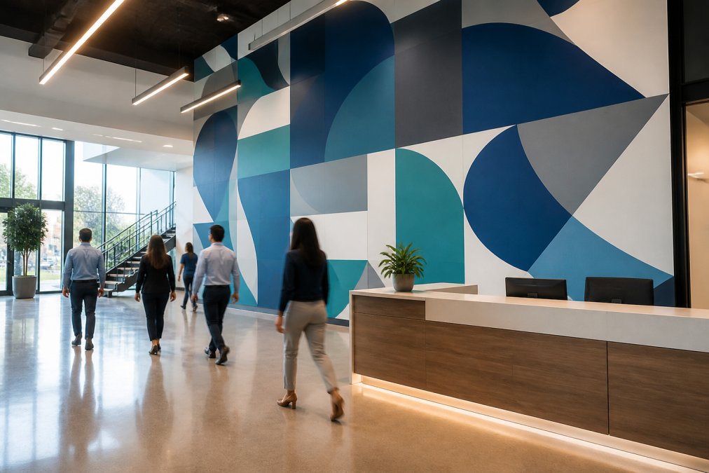 A bright modern office lobby featuring a large floor-to-ceiling wall mural with abstract geometric patterns in company colors, with employees walking past and a reception desk in the foreground