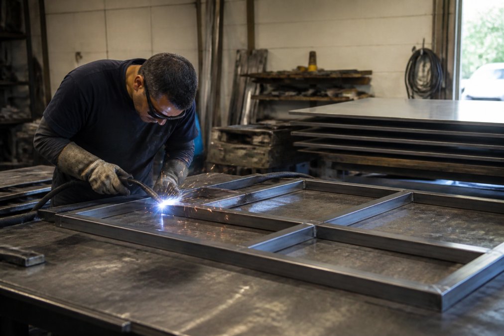 A skilled fabricator wearing safety glasses and gloves welding a metal sign frame in a well-lit workshop, sparks visible, metal panels stacked nearby
