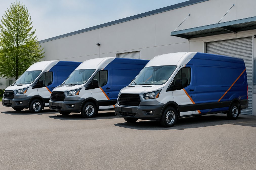 A row of three branded commercial vans parked outside a warehouse, each wrapped with the same company colors and logo, photographed in daylight
