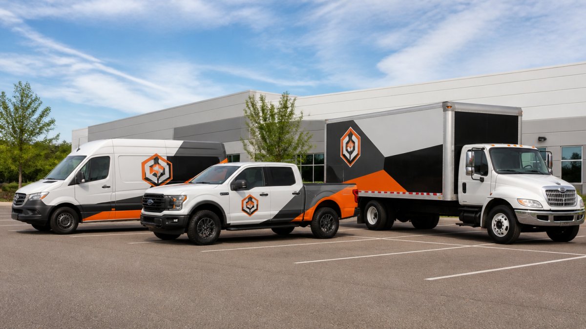 Infographic showing cohesive branding for diverse vehicle types applied to a cargo van, pickup, and box truck.