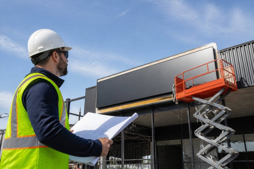 A project manager in a hard hat and reflective vest reviewing a large commercial sign installation at a construction site, bright daylight