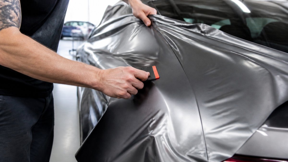 Installer using a squeegee to apply vinyl wraps to a curved car quarter panel in a professional shop