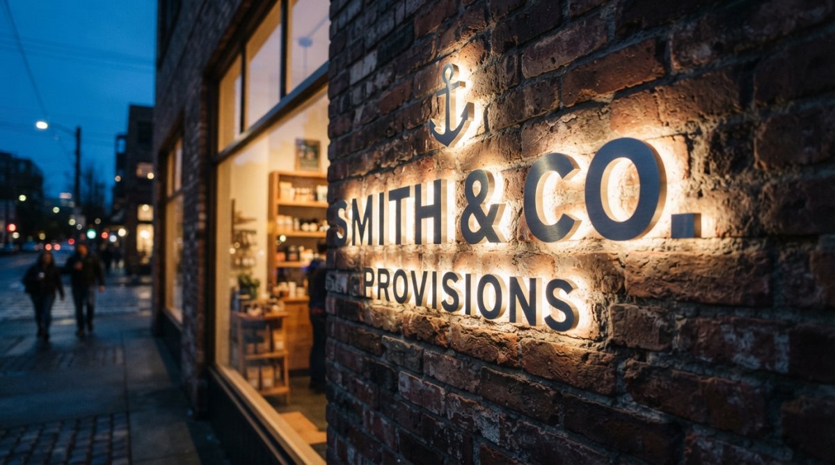 Infographic comparing durability and brightness of materials for an illuminated business sign at dusk