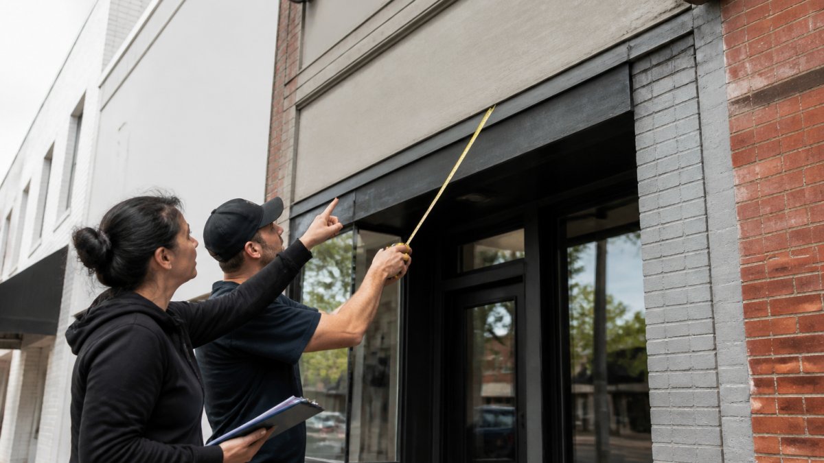 A business owner and a signage professional standing on a sidewalk, looking up at a storefront facade and pointing at where a new sign will be mounted, with a tape measure and clipboard in hand