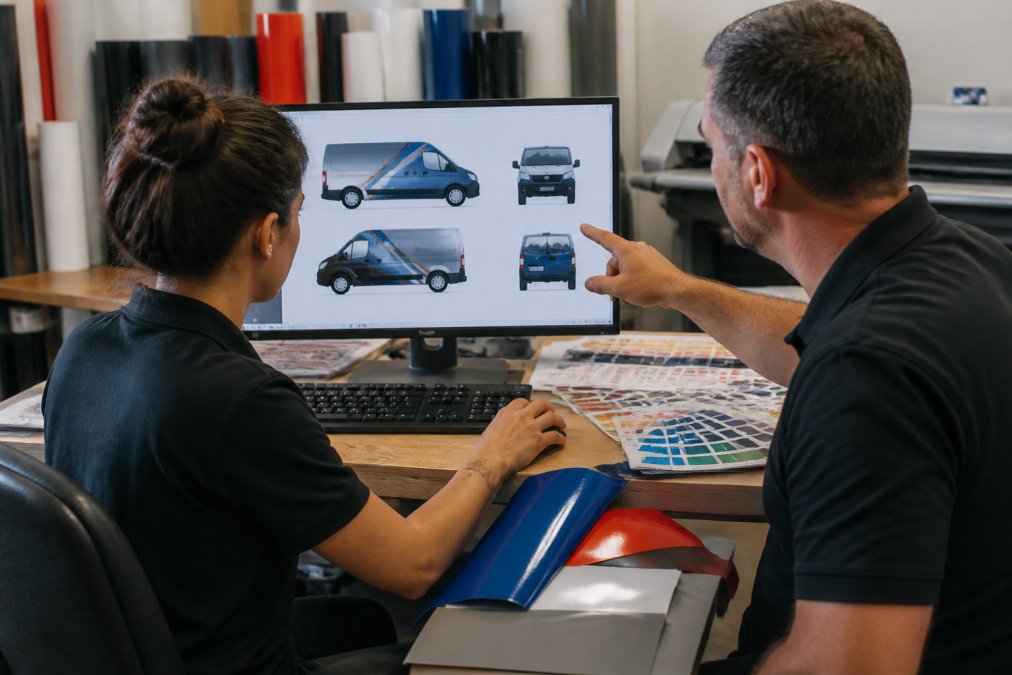 Graphic designer and business owner reviewing vehicle wraps design on a computer screen in a print shop