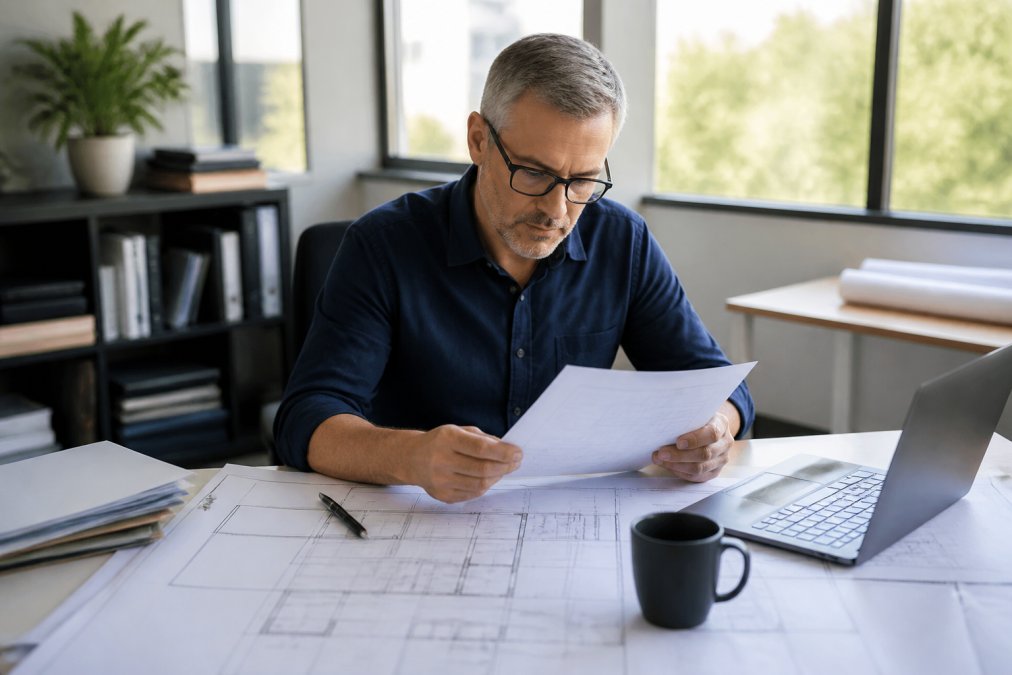 Project manager reviewing permit documents and site plans for custom business signs at an office desk