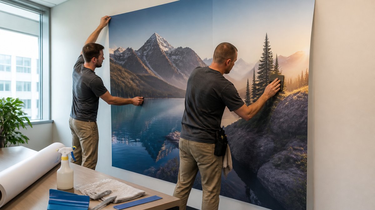 Installers applying a large peel and stick office wall mural with a squeegee on a smooth office wall
