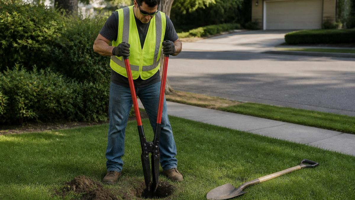 Diagram showing the step-by-step process to install real estate signs using a post hole digger in soil.