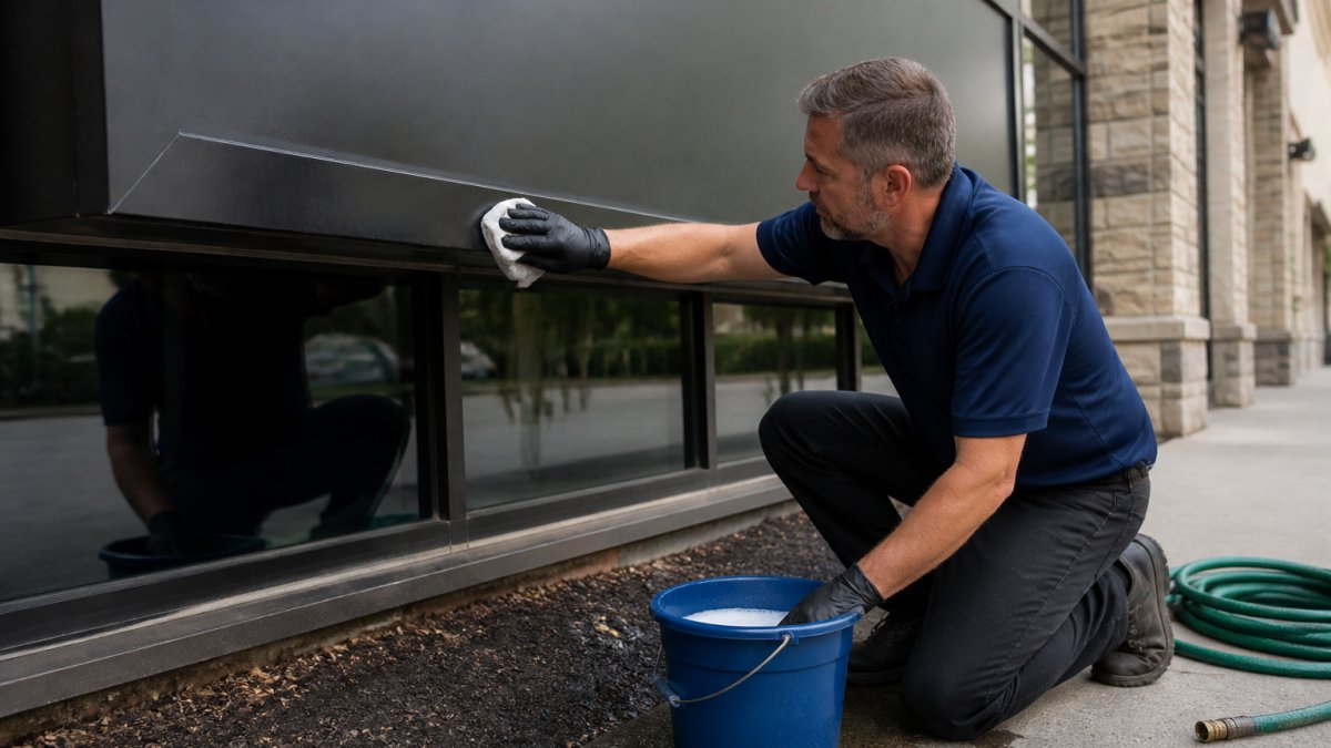 A facilities manager in work gloves using a soft cloth and a bucket of mild soapy water to wash the lower edge of a storefront sign, with a garden hose coiled nearby