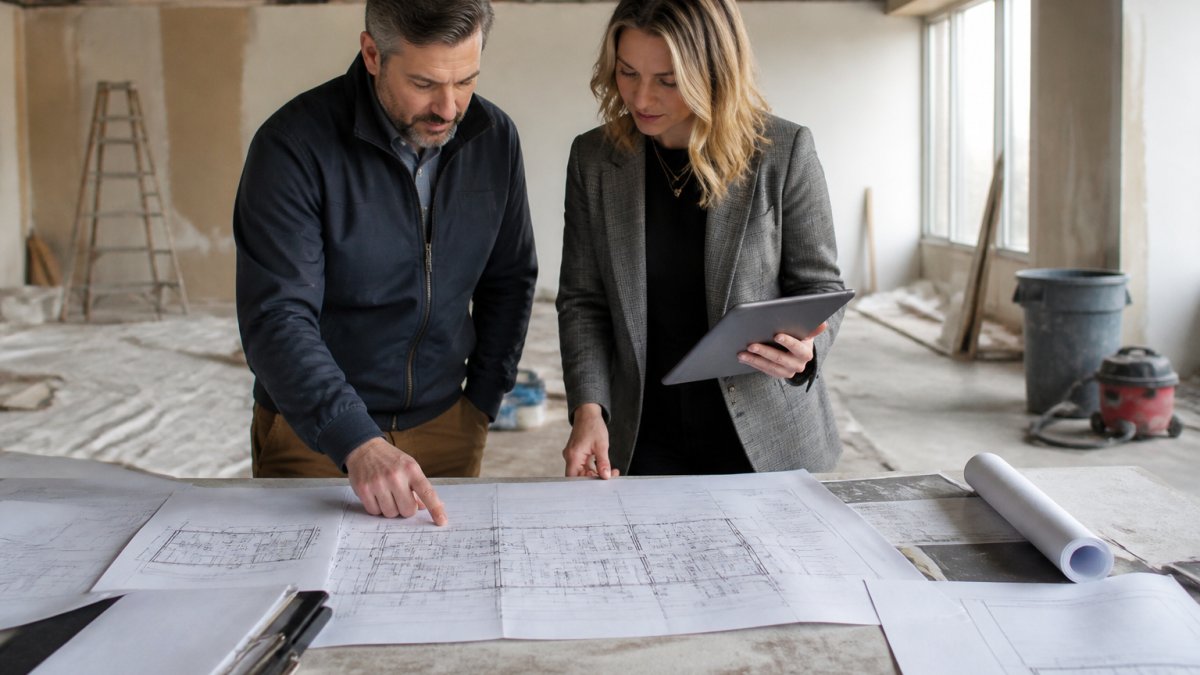 A facilities manager and a marketing director reviewing printed floor plans and a tablet with survey data in an office being renovated, with bare walls and drop cloths visible in the background