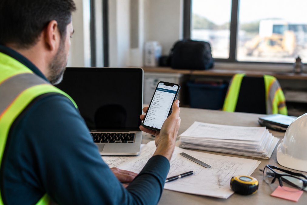 Project manager checking sign contractor licenses on a smartphone at a busy construction office desk