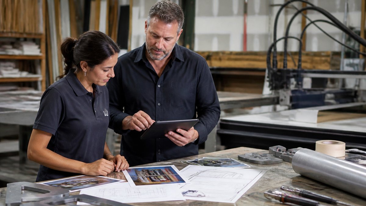 Professional demonstrating improving communication between sign designers and fabricators technique reviewing sign design files on a tablet in a fabrication shop, with design samples and blueprints visible on the workbench