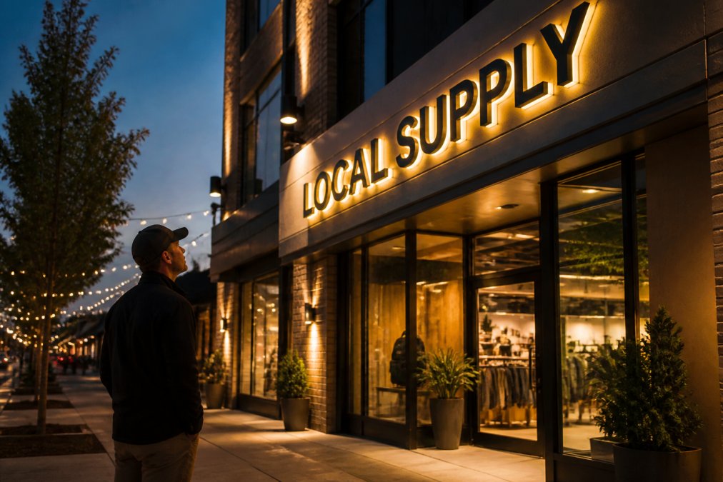 Business owner looking up at a brightly illuminated channel lettering sign on their storefront at dusk