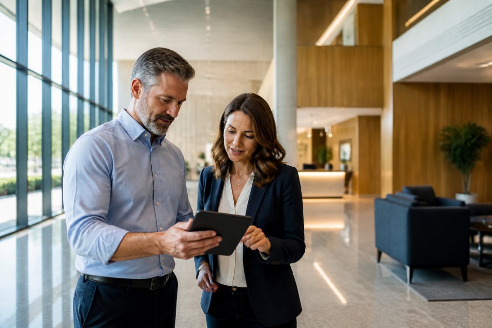 A facilities manager and marketing director reviewing digital display options on a tablet in a modern office lobby, with a large screen glowing in the background and soft daylight through tall windows