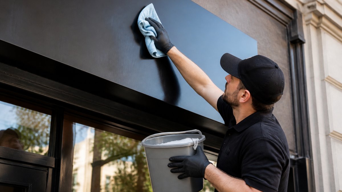 A maintenance worker in gloves using a soft cloth and a bucket of mild soapy water to wipe down a large outdoor storefront sign on a clear day