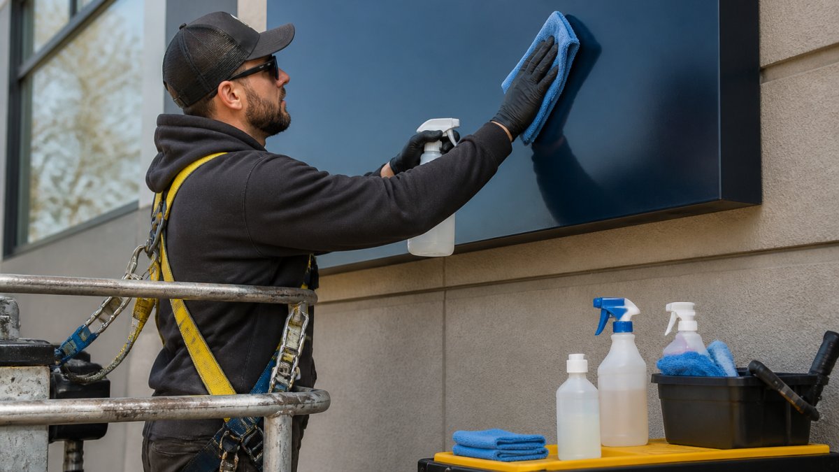 Professional technician in safety gear carefully cleaning an exterior business sign face with microfiber cloth and mild solution, demonstrating proper technique and protective equipment in daylight