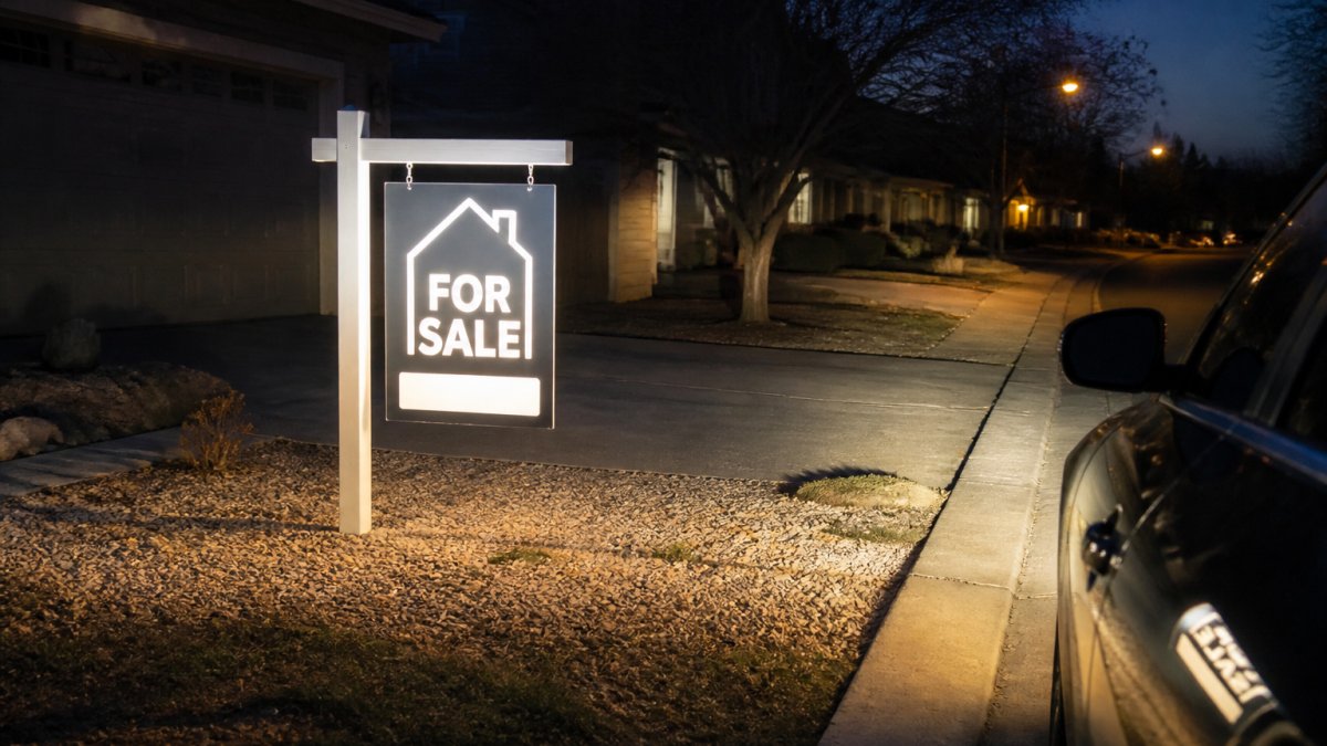 A reflective real estate sign illuminated by vehicle headlights at dusk, displaying clear white lettering against a dark residential property background with the sign glowing distinctly in the beam