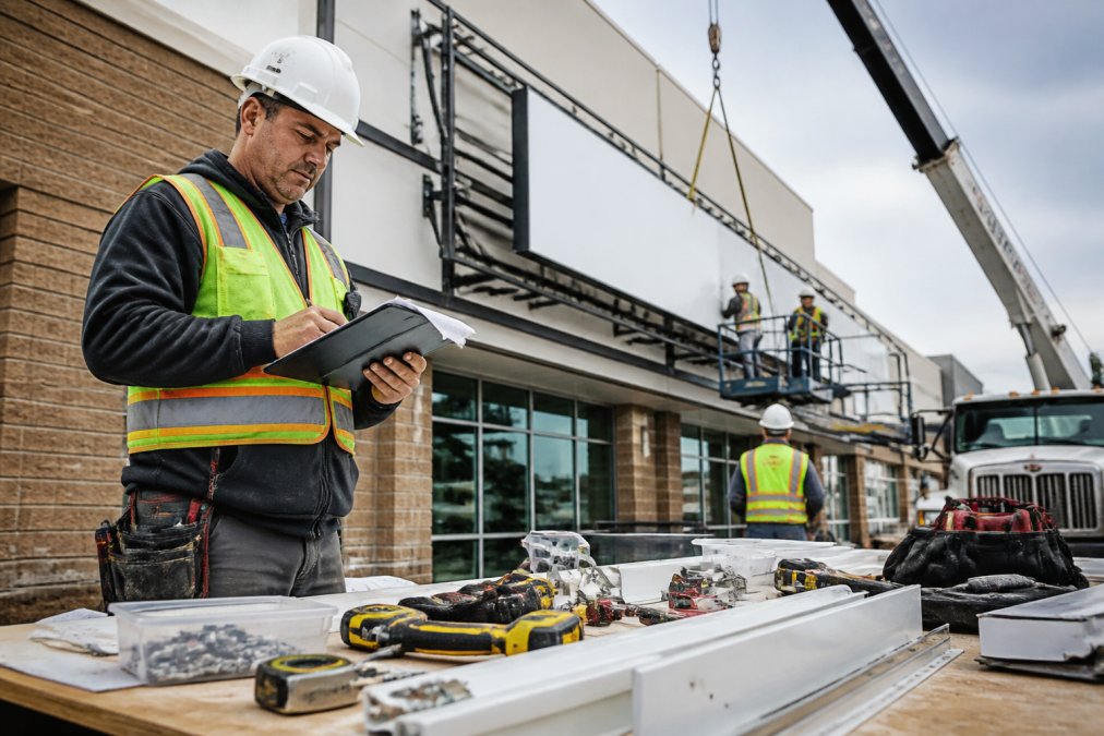 A project manager in a safety vest reviewing a clipboard and digital tablet in front of a large commercial building sign under construction, with a crane and crew in the background
