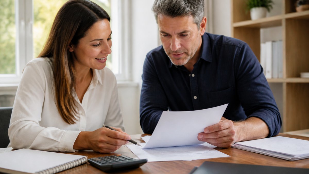 Real estate agent and homeowner reviewing closing disclosure documents at wooden desk with calculator, pen, and papers in bright office setting with natural window lighting