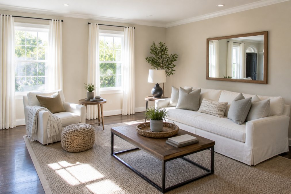 A bright, decluttered living room with neutral walls, a light sofa with slipcovers, a coffee table with a small plant, and natural light streaming through clean windows, styled for an open house
