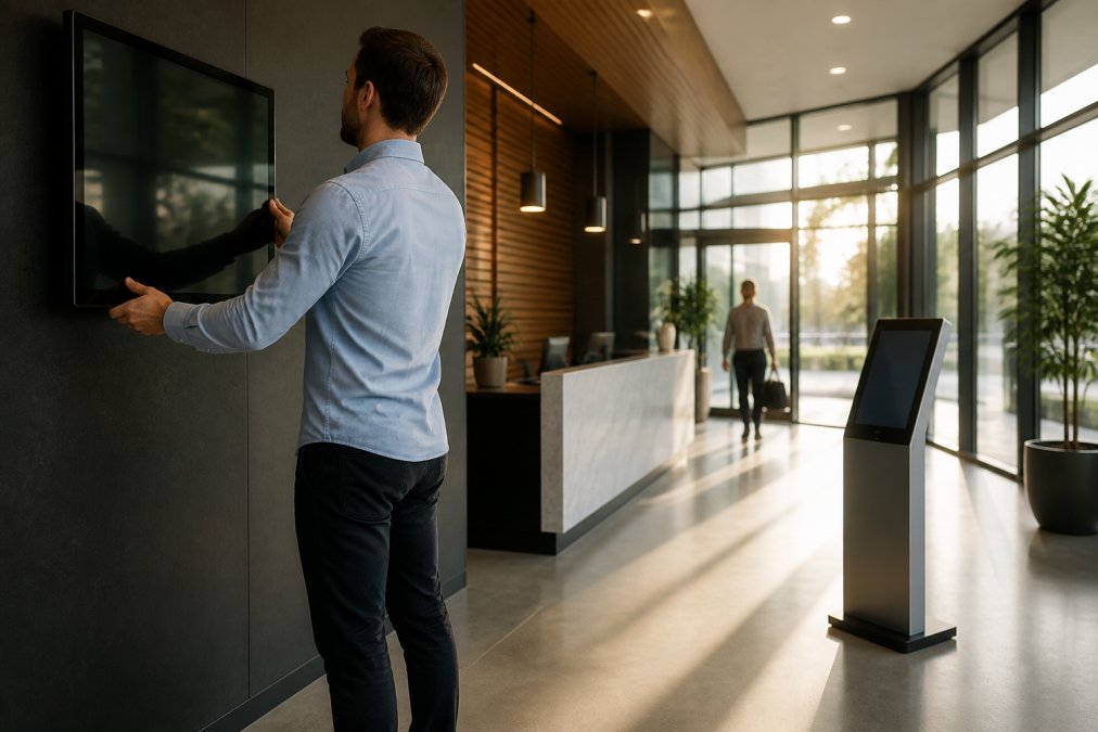 A facilities manager in a button-down shirt adjusting a wall-mounted digital display in a modern office lobby, an interactive kiosk glowing beside the reception desk, warm afternoon light through floor-to-ceiling windows