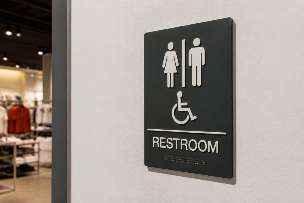 Infographic showing the tactile design standards for ADA compliant signage on retail restroom walls
