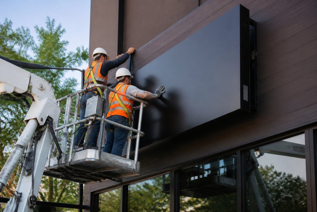 Crew performing a professional sign installation on a storefront using a bucket truck.
