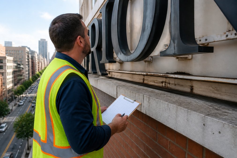 Facilities manager inspecting a large commercial building sign for safety and structural integrity