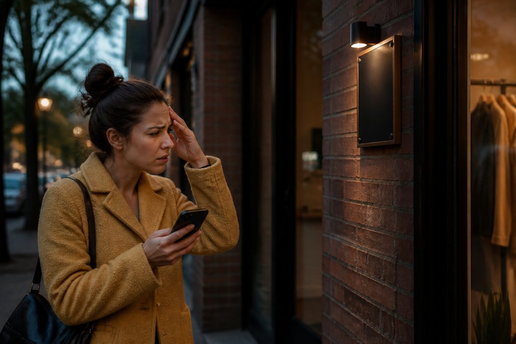 A frustrated customer standing outside a storefront, squinting at a small, poorly lit sign, with a smartphone in hand looking confused